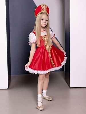 Русский народный костюм для девочки с кокошником, р-р 68, рост 134 см, красно-бежевые узоры